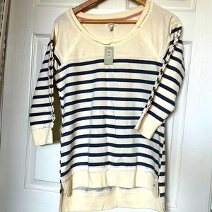 Sweatshirt, tunic, top. Cream with blue stripes braided mid-sleeve, nautical